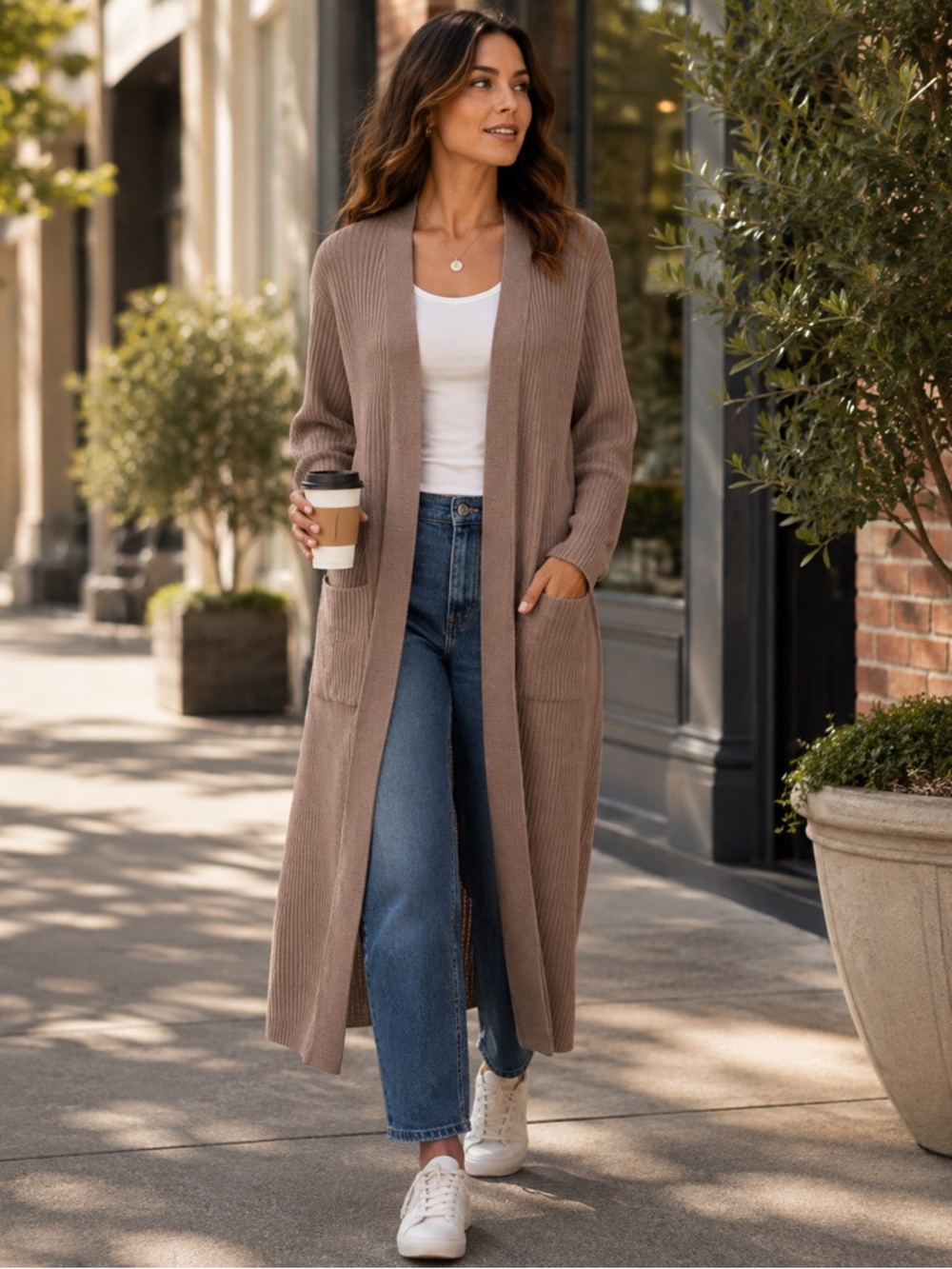 NWT 525 America Taupe Ribbed Knit Longline Duster Cardigan Sweater Pockets M